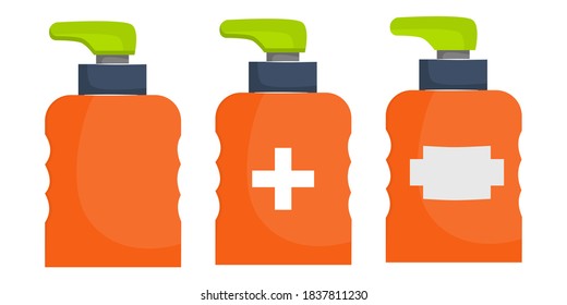 Set of dispenser bottle isolated on white background. Dispenser for liquid or antiseptic. Bright bottle with an uneven surface for the hands. Vector illustration in flat cartoon style.
