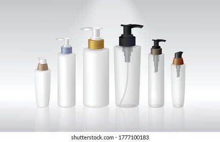 Set of dispenser cosmetic bottle, dispenser bottle isolated on white background, product package vector illustration