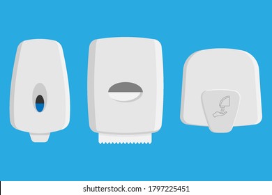 Set of dispensers paper towel, dispensers soap and hand dryer. Vector illustration. Eps 10.