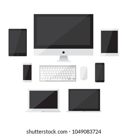 Set of display, computer, keyboard, mouse, laptop, tablet & smartphones electronic devices with black screen icon in flat design interface element for app ui ux web vector isolated on white background