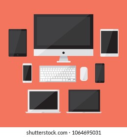 Set of display, computer, keyboard, mouse, laptop, tablet and  smartphones electronic devices with black screen icon in flat style design, isolated on orange background,vector eps10