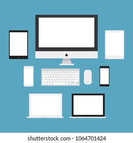 Set of display, computer, keyboard, mouse, laptop, tablet & smartphones electronic devices with blank screen icon, flat design interface for app ui ux web eps 10 vector isolated on white background