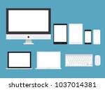 Set of display, computer, laptop, tablet &  smartphones electronic devices with white screen icon, flat design interface element for app ui ux web eps 10 vector isolated on white background