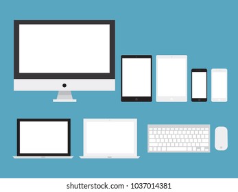 Set of display, computer, laptop, tablet &  smartphones electronic devices with white screen icon, flat design interface element for app ui ux web eps 10 vector isolated on white background