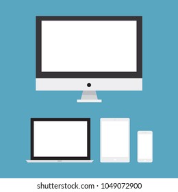Set of display, computer, laptop, tablet and  smartphones electronic devices with white screen icon, flat design interface element for app ui ux web eps 10 vector isolated on white background