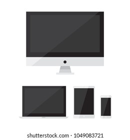 Set of display, computer, tablet and  smartphones electronic devices with black screen icon in flat design interface element for app ui ux web eps 10 vector isolated on white background