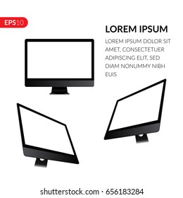 Set display, desktop computer, monitor in perspective and front view vector design. Realistic screen mockup isolated on white background for banner, flyers or advertising.