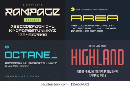 Set of display fonts, typefaces, vector uppercase letters and numbers. Global swatches.