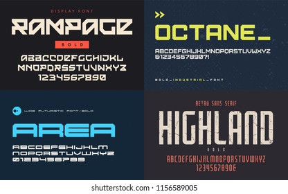 Set of display fonts, typefaces, vector uppercase letters and numbers. Global swatches.