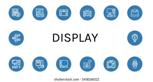 Set of display icons such as Calculator, Projector screen, Bathroom scale, Television, Computer, Screen, Ebook, Graphic tablet, Laptop, Smartwatch, Gauge , display