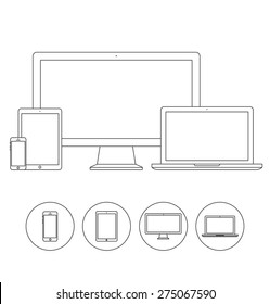 Set of display, laptop, tablet and mobile phones electronic device outline icons template. Vector illustration