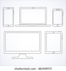 Set of display, laptop,  tablet and mobile phones electronic device outline icons template. Vector illustration