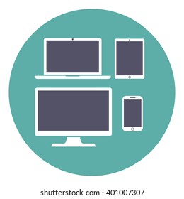 Set of display, laptop, tablet and  mobile phones electronic device icons flat style on a green background, vector illustration stylish