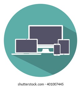 Set of display, laptop,  tablet and mobile phones electronic device icons flat style on a green background, vector illustration stylish for adaptive web design