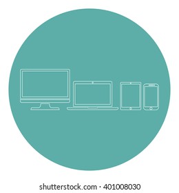 Set of display, laptop, tablet and mobile  phones silhouettes electronic device icons flat style on a green background, vector illustration stylish