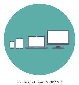 Set of display, laptop, tablet and mobile phones electronic device icons flat style  on a green background, vector illustration stylish