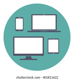 Set of display, laptop, tablet and mobile phones electronic device icons flat style on a green background,  vector illustration stylish for adaptive web design