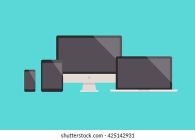 Conjunto de dispositivos electrónicos para pantallas, portátiles, tableta y teléfonos móviles - Ilustración vectorial. 