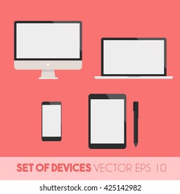 Set of display, laptop, tablet and mobile phones electronic device. Vector illustration. 