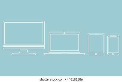 Set of display, laptop, tablet and mobile phones electronic device outline icons template isolated on green background, vector illustration