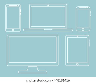 Set of display, laptop, tablet and mobile phones electronic device outline icons template isolated on a green background. Vector illustration