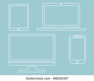 Set of display, laptop, tablet and mobile phones electronic device outline icons template isolated on green background, vector illustration