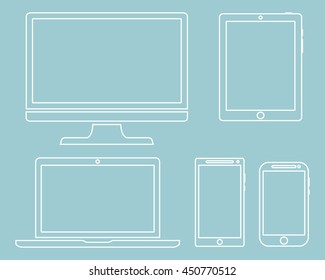 Set of display, laptop, tablet and mobile phones electronic device outline icons template isolated on a green background. Vector illustration