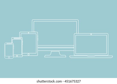 Set of display, laptop, tablet and mobile phones electronic device outline icons template isolated on a green background. Vector illustration