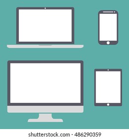 Set of display, laptop, tablet and mobile phones electronic device icons, isolated on a green background stylish vector illustration for adaptive web design EPS10