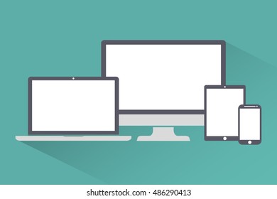 Set of display, laptop, tablet and mobile phones electronic device icons, isolated outline on a green background stylish vector illustration EPS10