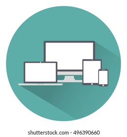Set of display, laptop, tablet and mobile phones electronic device icons flat style on a green background, vector illustration stylish