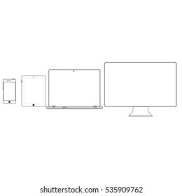 Set of display, laptop, tablet and mobile phones electronic device outline icons template