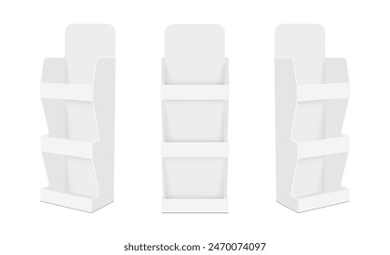 Set Of Display Stands Mockups With Shelves, Front And Side View, Isolated On White Background. Vector Illustration