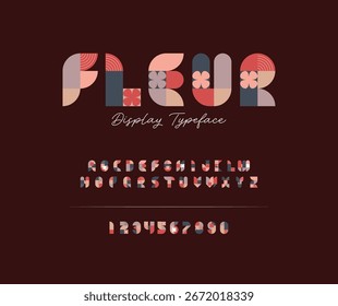 Set display typeface with modern floral minimalist block style and feminine dynamic touch. Stylized colorful typography characters A to Z alphabet illustration for design projects.