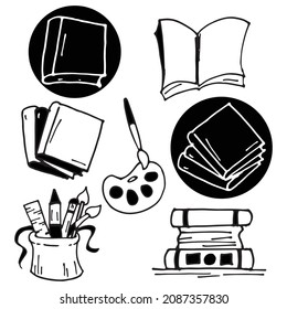 Set displaying monochrome icons of school supplies against a clean white background. Ideal for educational materials or creating visuals related to academic tools