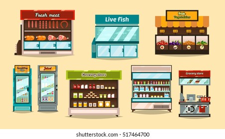 Set displays, supermarket refrigerators. Storefronts with shelf. Demonstration of goods, food. Sections, shelves, shop interior, glass containers. Fruits, vegetables, meat, fish, drinks, juices, shelf