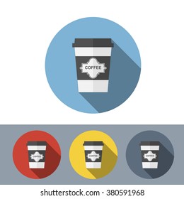 Set of disposable coffee cup icon with coffee beans logo, Vector illustration flat design with long shadow