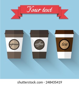 set of disposable coffee cups with ribbon , performed in a flat design with long shadow
