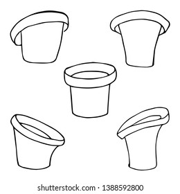 A set of disposable cups (flower pots) on a white background. Black white illustration. Doodle style.