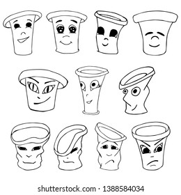 A set of disposable cups on a white background. Characters with different emotions. Black white illustration. Doodle style.