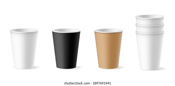 Set of disposable cups for takeaway coffee or tea template and editable for branding and label. Hot beverages mugs realistic 3d design. Blank paper cups open. Vector illustration