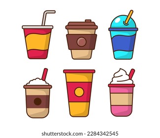 Set of disposable drink cup vector illustration in cartoon style isolated on white background