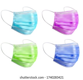 Set of disposable medical masks. Masks of different colors on a white background. Individual protective device preventing infection by airborne droplets. Vector illustration.