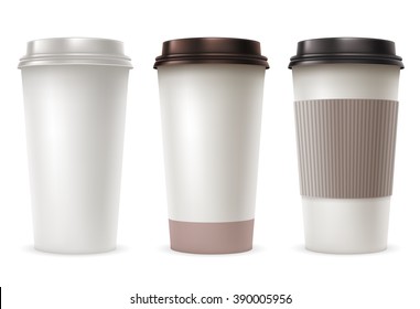 Set of Disposable Paper Cups with Plastic Covers and Sleeve to Take-out. Realistic Vector Illustration. Isolated on White Background.