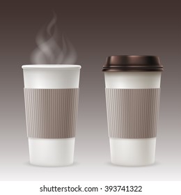 Set of Disposable Paper Cups with Plastic Covers and Sleeve to Take-out. Open and Closed Paper Cup. Realistic Vector Illustration. 