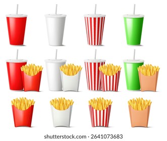 Set of disposable paper cups for soda or soft drinks with straw, lid. French Fries in a Paper Bag. takeaway food and drinks, mockup. Realistic 3d vector illustration. Red, white, striped plastic cups