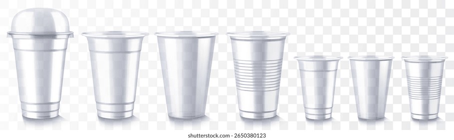 Set of disposable plastic cup with sphere dome lid isolated on transparent background. Transparent glossy cup for cold drinks such as soda, sparkling water, soft and alcoholic drinks, beer