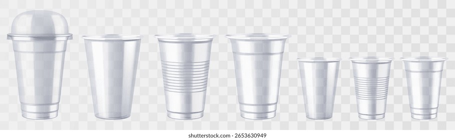 Set of disposable plastic cup with sphere dome lid isolated on transparent background. Transparent glossy cup for cold drinks such as soda, sparkling water, soft and alcoholic drinks, beer