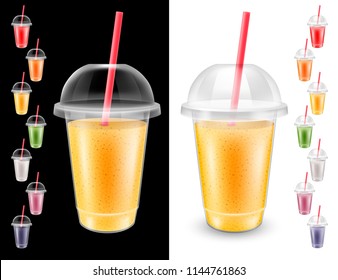 A set of disposable plastic cups with a sphere dome and a straw tube for a cocktail or smoothie. Transparent, isolated on black and white background. Different colors. Realistic vector illustration.