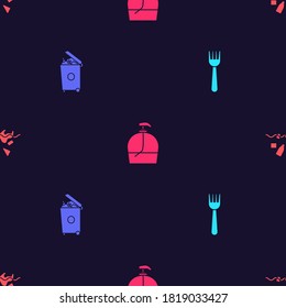Set Disposable plastic fork, Trash can, Bottle of liquid soap and Problem pollution planet on seamless pattern. Vector.